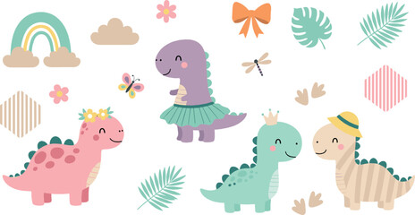 Fototapeta premium Cute pastel dinosaur characters with rainbow, leaves, bows, and butterflies in kawaii cartoon style for kids, nursery decor, and vector illustrations