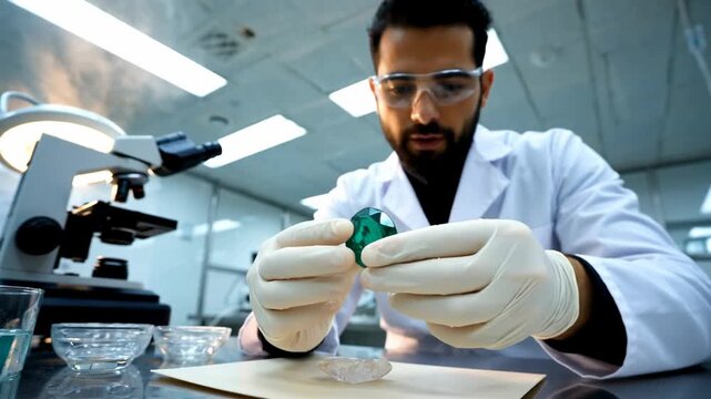 Scientist examining a brilliant green gemstone under laboratory lighting with meticulous attention