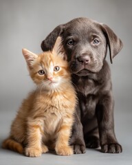 baby puppy and kitten sitting close together, gentle connection mood, neutral background, ad composition with text area