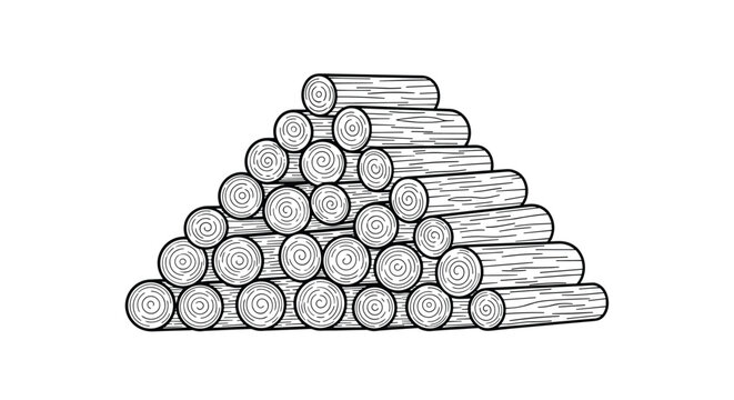 Neat triangular stack of cut wooden logs showing grain patterns in a detailed black and white engraving style.