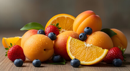 Fresh Oranges and Berries on Table.