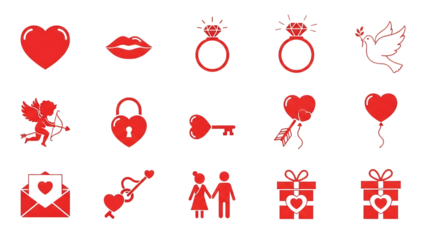 Valentine's Day love symbols set with hearts, cupid, rings, gifts, and lipstick isolated on transparent background
