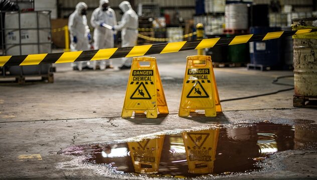 Hazardous Chemical Spill Response in Warehouse: Safety Measures, Reflective Warning Signs, and Protective Suits Ensuring a Secure Containment and Cleanup Operation