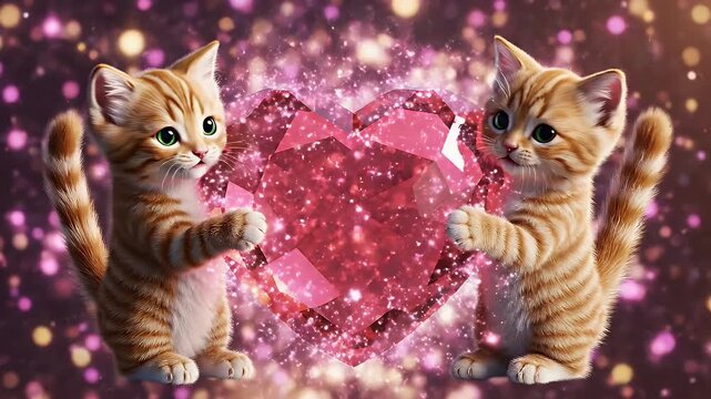 Cats with Gem Heart - Two adorable orange tabby kittens playfully engage with a large, faceted heart-shaped gem.