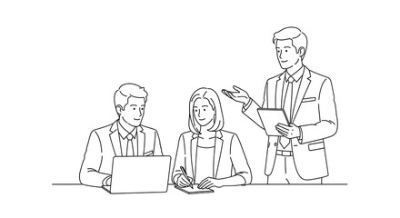 A line drawing of three business people sitting at a table with a laptop and discussing