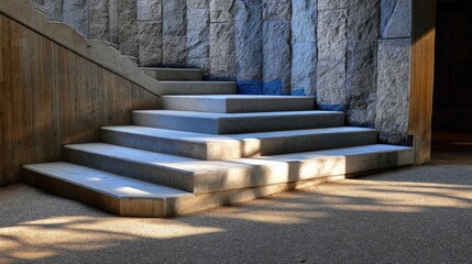 Modern architectural stairs with textured stone and wood accents, illuminated by natural light in a serene indoor environment