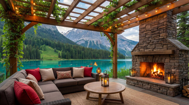 Luxury mountain lake lodge patio with fireplace, comfortable seating, and stunning scenic views.