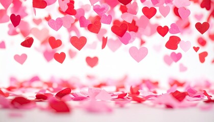 Pink and red heart confetti raining down on a white background