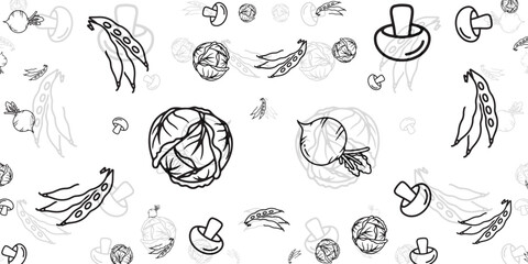 Seamless Pattern of Fresh Vegetables, Cabbage, Peas, and Mushrooms in Outline Style