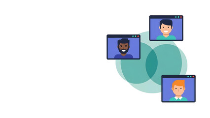 オンライン会議の心理的安全性を象徴するフラットデザインイラスト。笑顔のリモートチーム、対話、組織開発、DX働き方改革、左側に広いコピースペース。