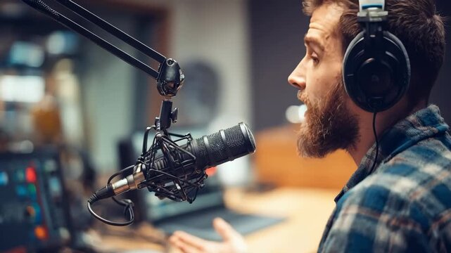 Person speaking into microphone with headphones on surrounded by blurred podcasting setup in a creative media lab environment.