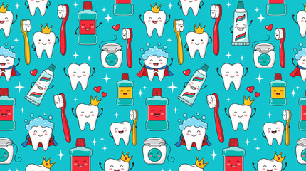 Obraz premium Kawaii Dental Care Seamless Pattern. Happy Cartoon Teeth, Toothbrushes, Toothpaste, and Oral Hygiene Products Background.