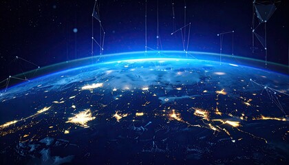 Vibrant globe at night, illuminated by cities, connected by glowing digital network
