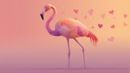 A stylized flamingo stands gracefully against a pastel background, surrounded by floating hearts, conveying a sense of love and beauty.