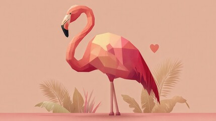 A geometric, stylized flamingo stands gracefully against a soft pink background, surrounded by tropical leaves and a heart shape, exuding a vibrant and modern aesthetic.