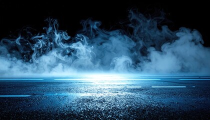 Ethereal blue mist swirls across a wet, dark, reflective surface