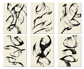 Set of abstract backgrounds. Black ink brush strokes, patterns, posters, cover.