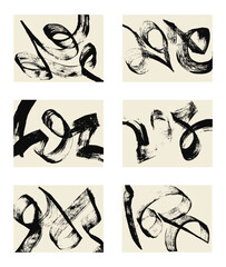 Set of abstract backgrounds. Black ink brush strokes, patterns, posters, cover.