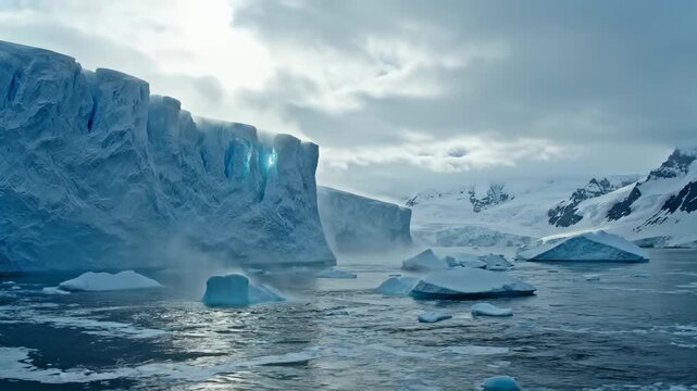 iceberg and glacier meet over ice shelf. ocean and water ripple under gray sky and cloud. reflection ripples across surface near berg and icefield. crevasse and meltwater pool along ice shelf edge.