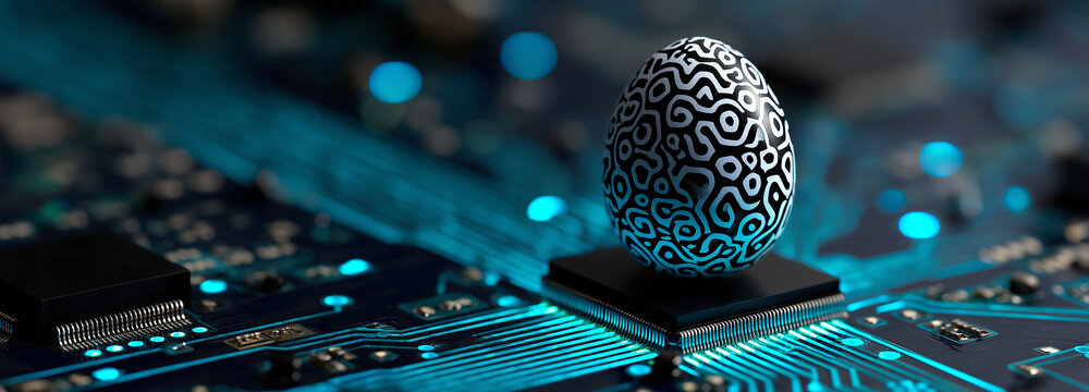 Futuristic Digital Easter Egg on Computer Chip Representing Hidden Technology, Innovation Discovery, Artificial Intelligence, Cybersecurity, and Advanced Digital Concept