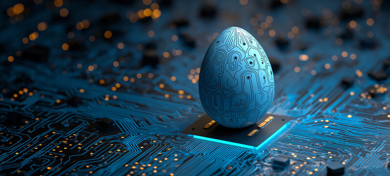 Futuristic Digital Easter Egg on Computer Chip Representing Hidden Technology, Innovation Discovery, Artificial Intelligence, Cybersecurity, and Advanced Digital Concept