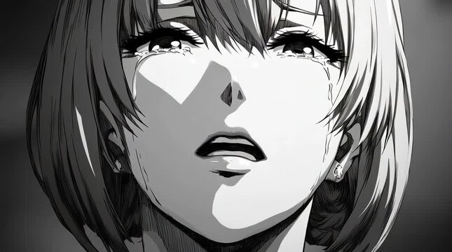 Animated Cute Anime Girl Looking Forward with Crying Sad Expression in Minimalist Background