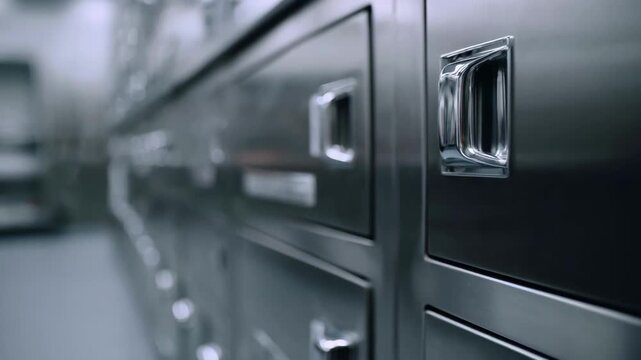 Medium shot focusing on sleek closed cabinets in sterile processing room door handles and surfaces crisp blurred background hints at organized instrument reprocessing setup.
