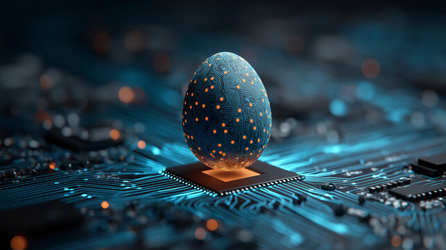 Futuristic Digital Easter Egg on Computer Chip Representing Hidden Technology, Innovation Discovery, Artificial Intelligence, Cybersecurity, and Advanced Digital Concept