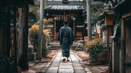 Handsome Young Japanese Man in Traditional Yukata Walking Through Torii Gate to Shinto Shrine
