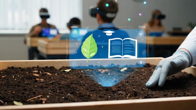 Students engaged in virtual learning with VR headsets in a classroom, interacting with digital soil data above a planting box