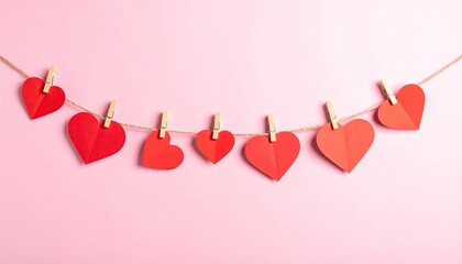 Red paper hearts clipped to a line with wooden clothespins on a pink background