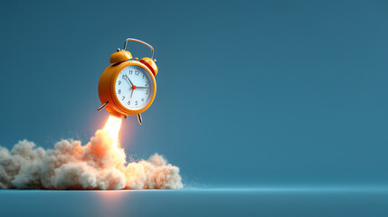 Rocket-like alarm clock taking off representing deadlines, efficiency, and saving time