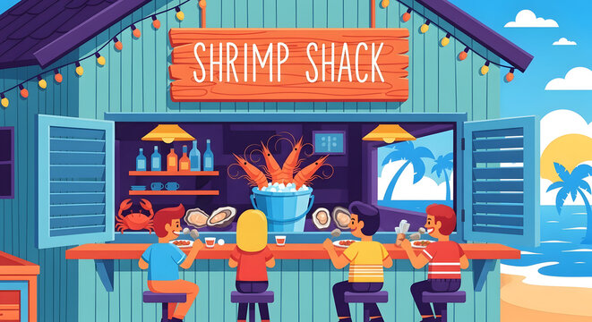 a charming coastal seafood shack with an open window bar serving fresh shrimp and lobster meals in a vibrant beach hut design with nautical ocean elements