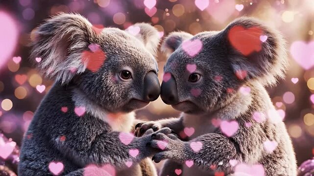 Two Koalas in Love with Heart Bokeh - This heartwarming video showcases two koalas close together, possibly holding hands, surrounded by a dreamy bokeh effect of pink and red hearts.