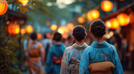 Obraz premium Japanese Summer Festival Scene with People in Elegant Kimono from Back View