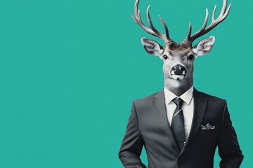 Deer in Business Suit on Turquoise Background with Copy Space. A Whimsical Business Concept.