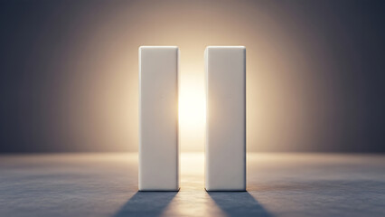 Two white minimalist pillars in a studio setting with bright backlight