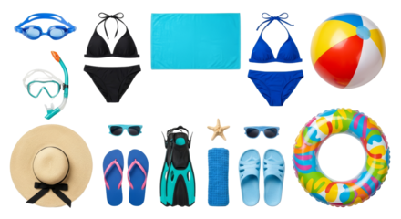 Summer Beach Vacation Essentials: Swimwear, Snorkel Gear, Towel, Hat, Ball