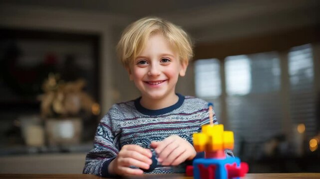 Joyful young boy with blond hair laughing while playing with colorful building blocks