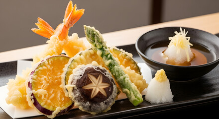 Japanese Tempura Dish with Dipping Sauce.