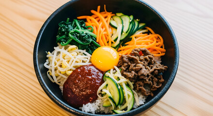 Korean Bibimbap Dish with Egg and Vegetables.