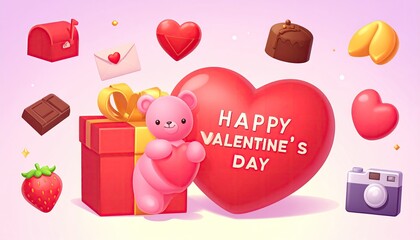A whimsical Valentine's Day scene with a teddy bear, heart, gift, and treats