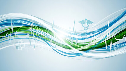 Medical healthcare concept with blue and green abstract waves and caduceus symbol