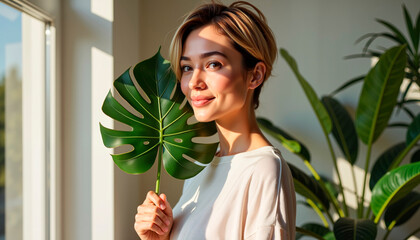 Stylish woman smiling with monstera leaf by sunlit window, urban jungle