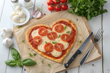 Heart Shaped Margherita Pizza Love Concept for Valentine&rsquo;s Day on Vintage Wooden Table Background