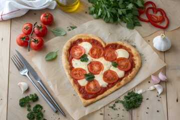 Heart Shaped Margherita Pizza Love Concept for Valentine&rsquo;s Day on Vintage Wooden Table Background