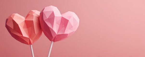 Two geometric heart shapes on sticks, one pink and one coral, set against a soft pink background, creating a playful and romantic atmosphere.