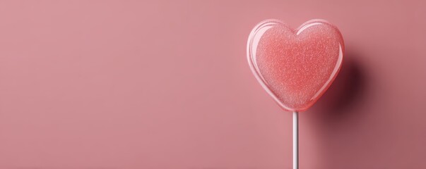 A pink heart-shaped lollipop on a soft pink background, evoking feelings of sweetness and affection.