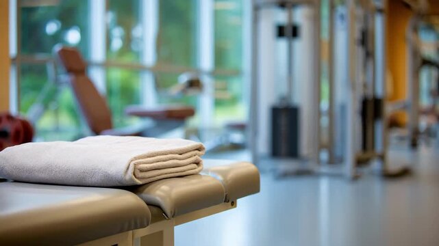 Medium shot focusing on a treatment table in a brightly lit windowed physical therapy gym with outoffocus balance apparatus and machines adding context.