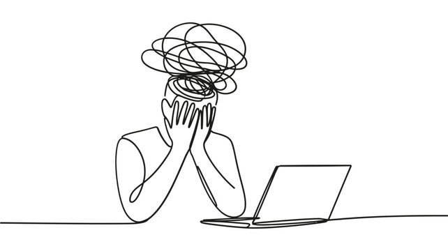 Overwhelmed person with tangled thoughts working on a laptop drawn in a single line